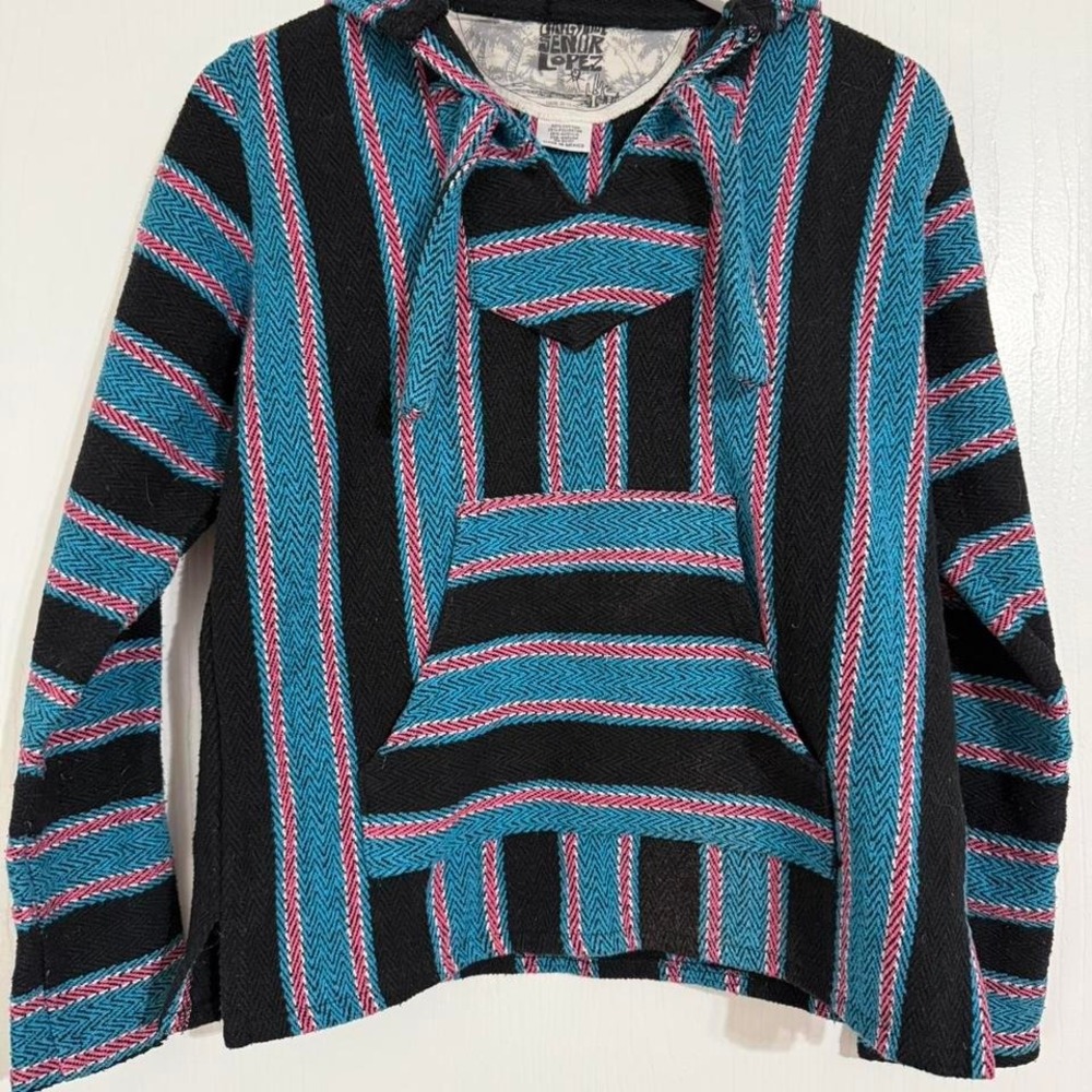 Original Senor Lopez Vintage 90s Black Turquoise Drug Rug Unisex Size XS/S
